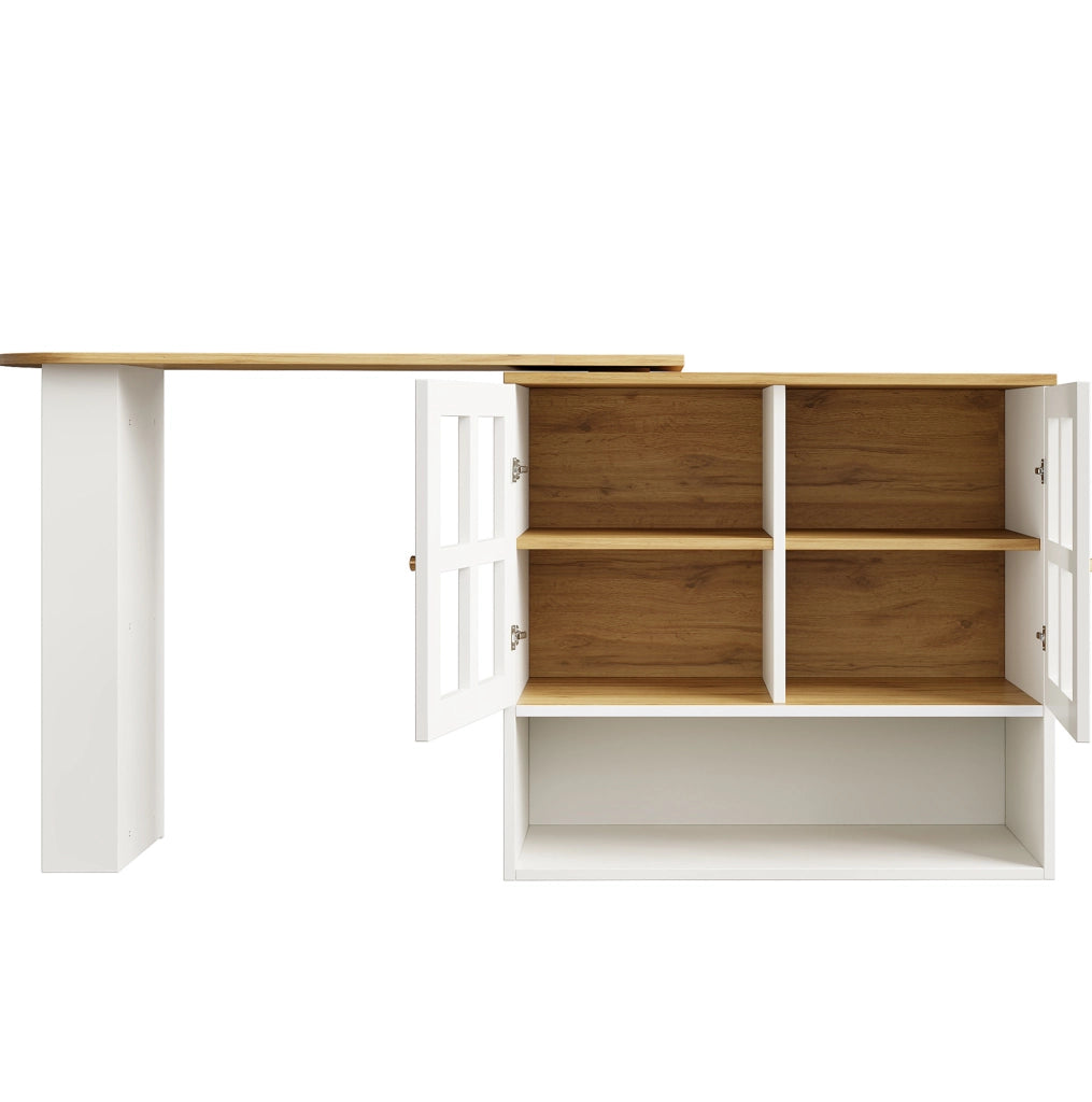 Credenza girevole 138-204x39x102.5 cm; con ante in vetro temperato; MDF bianco