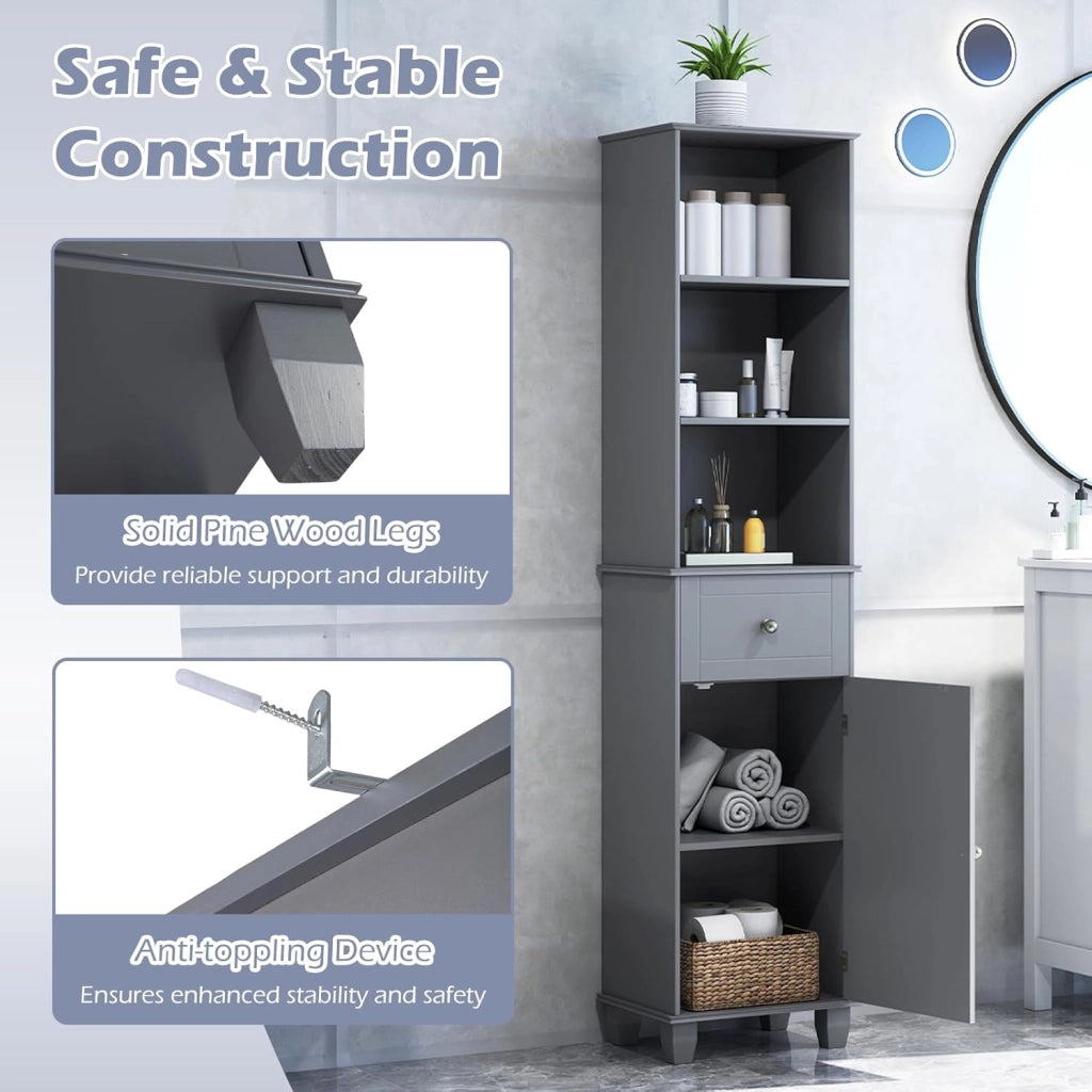 Armadio alto da bagno 172 cm, mobile a colonna da pavimento con 3 ripiani aperti, 1 cassetto e 1 porta, ripiano inferiore regolabile, 40 x 30 x 172 cm, organizer per cucina, soggiorno (grigio)
