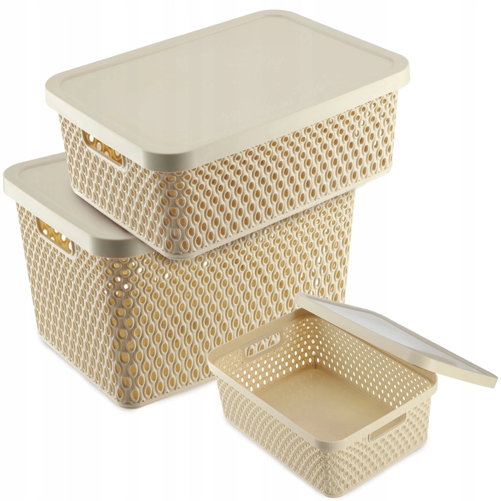 Set di 3 cestini in plastica beige KADAX con coperchio.