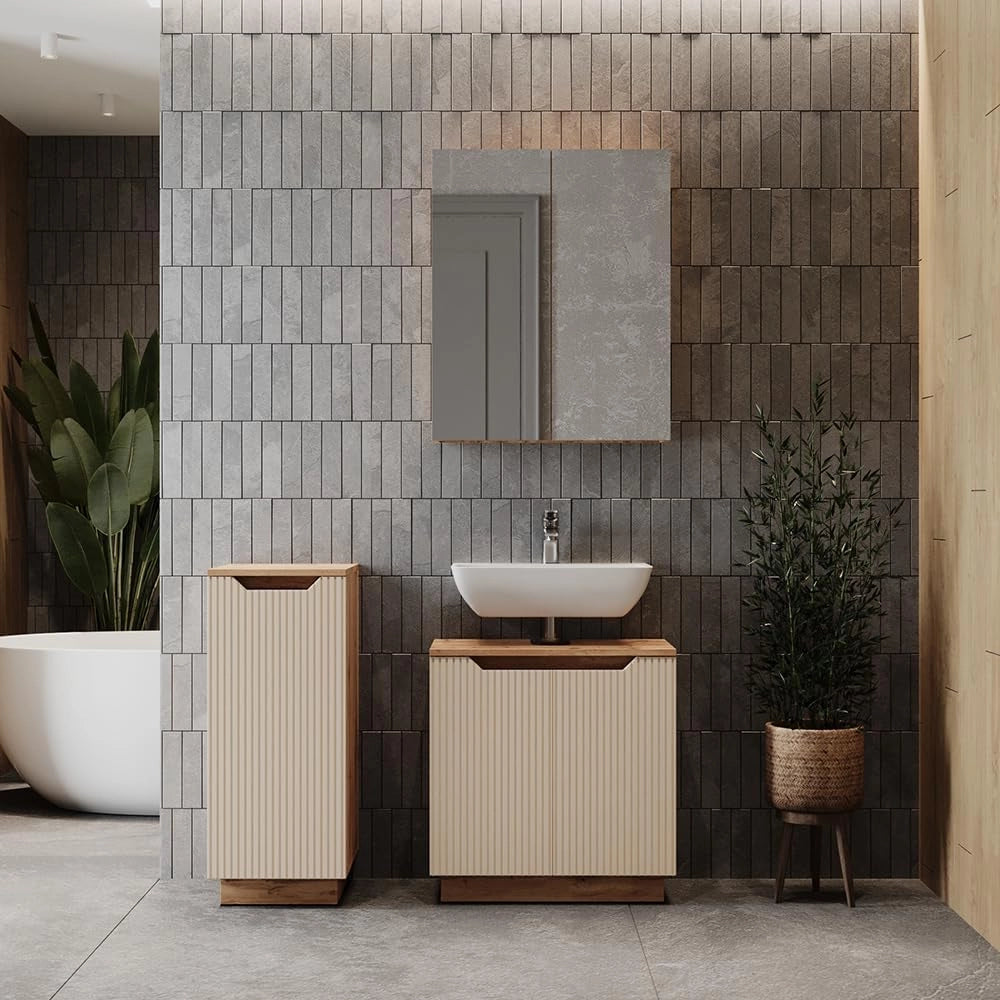 Set di mobili da bagno Lotta, Rovere/cashmere a righe, 3 parti