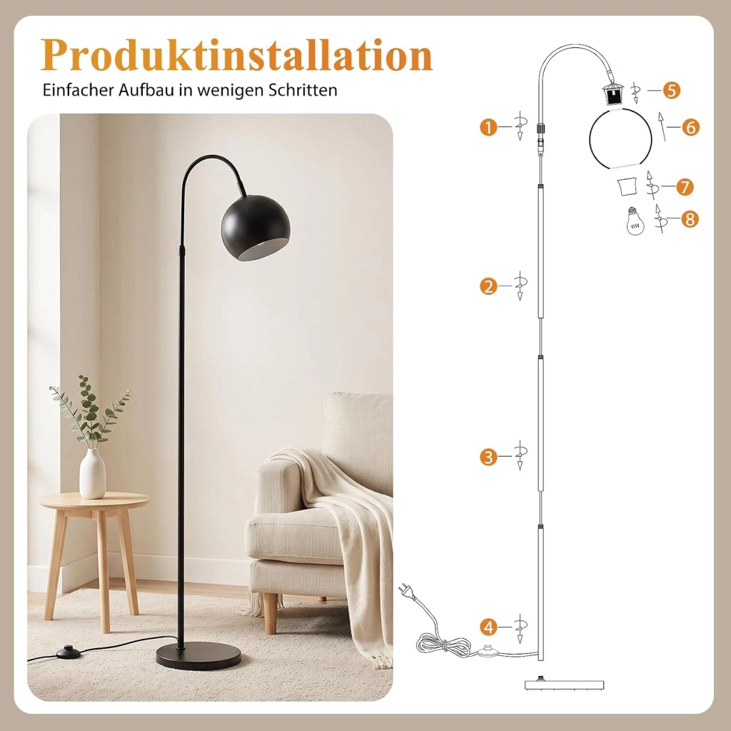 ZMH Lampada da Terra ad Arco E27 Nero Parallume in Metallo Altezza Regolabile 160cm per Soggiorno Senza Lampadina
