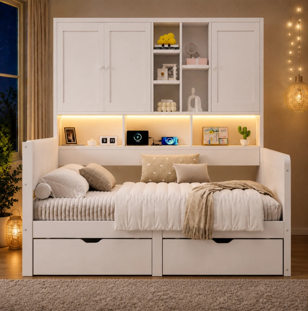 Letto singolo 90x200 cm con contenitore; LED; prese USB e testiera in PU bianco