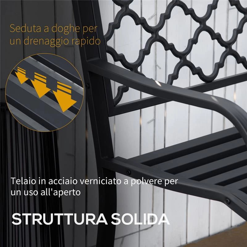 PANCHINA DA ESTERNO 2 POSTI IN ACCIAIO E GHISA CON BRACCIOLI E SCHIENALE DECORATO 128X58.5X89CM NERO