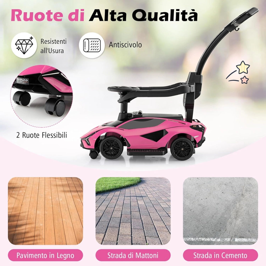 3 in 1 Auto da Spinta, Auto Scorrevole con Paracolpi e Manubrio Rimovibili Musica e Fari, Spazio di Stoccaggio Nascosto e Ruote Universali Staccabili, Bambini 18-24 Mesi (Rosa)