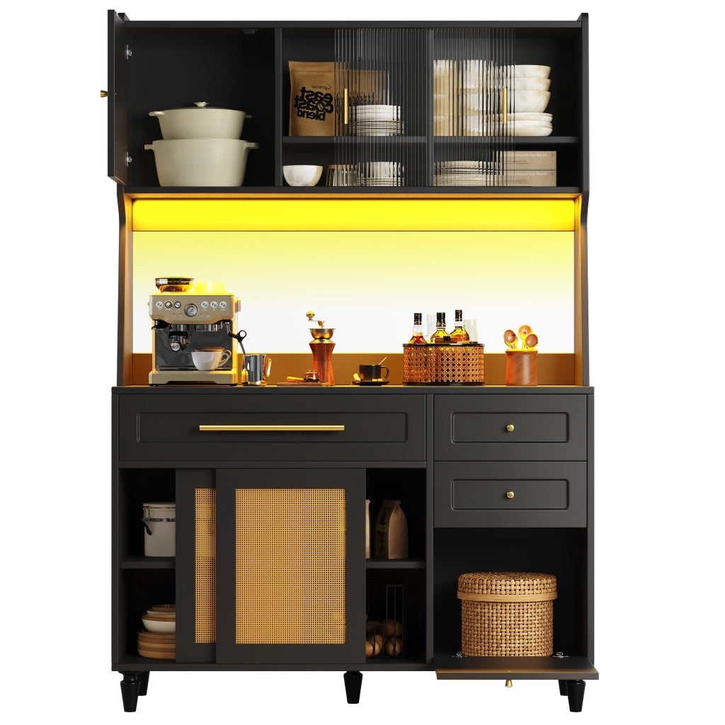 Credenza con Ante e Vetrina ¨C MINIMAL ¨C Nero, LED, Rattan, 3 Cassetti