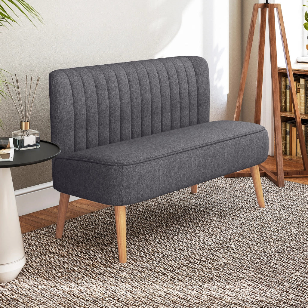 Divano 2 Posti 117x56,5x77 cm Senza Braccioli con Gambe in Legno in Tessuto Effetto Lino Grigio Scuro