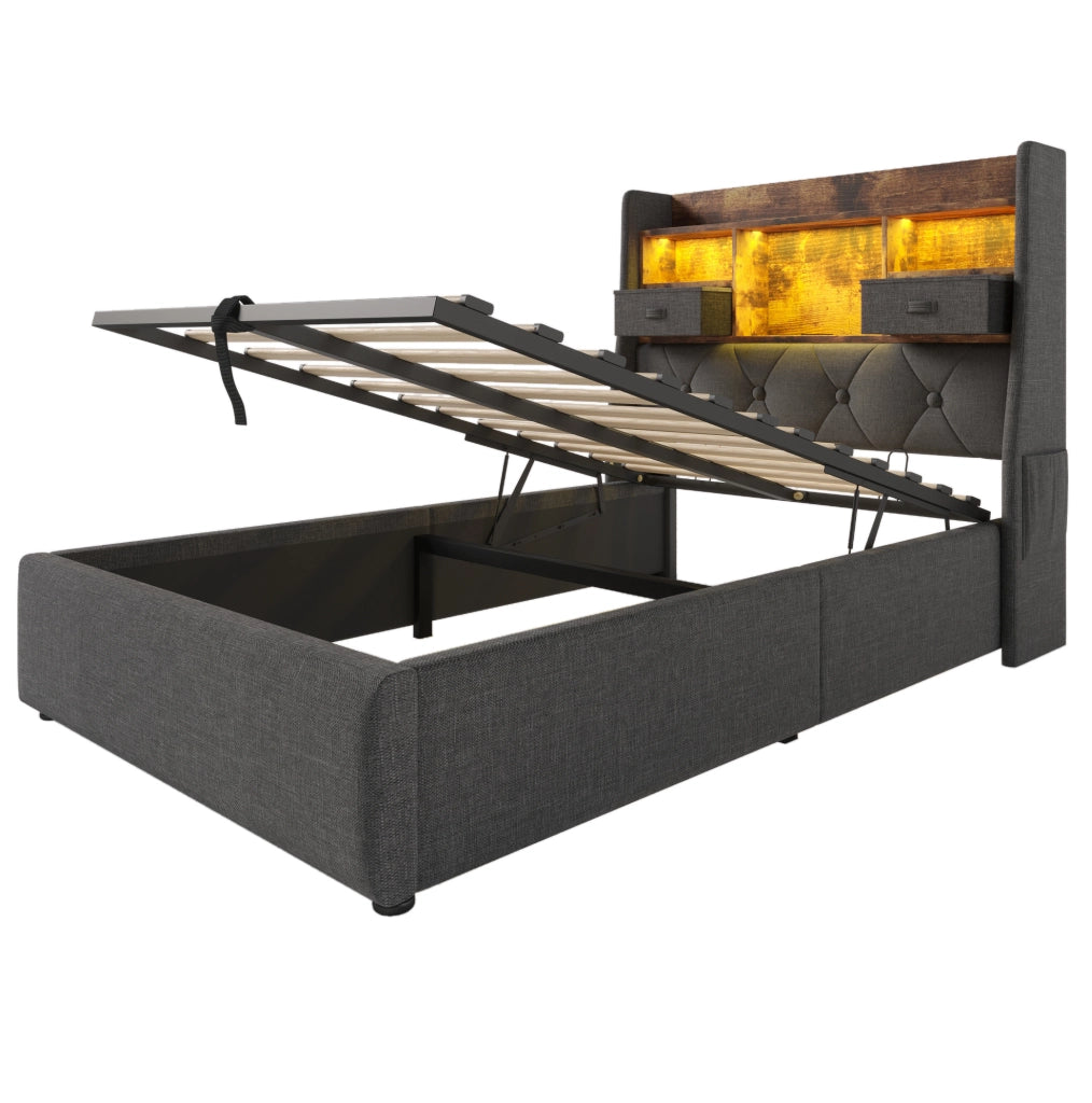 Letto singolo 90x200 cm contenitore con LED; USB C e tessuto lino grigio