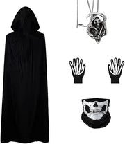 Costume da Halloween 4 pezzi - Cappuccio nero - Maschera teschio - Manopole scheletriche - Collana - Ideale per Halloween - Set di costume