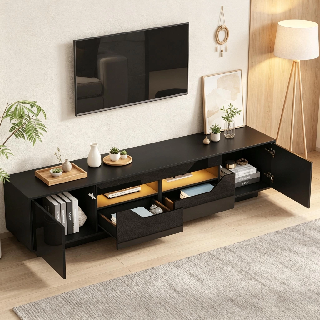Mobile porta TV nero lucido 180 cm con illuminazione regolabile