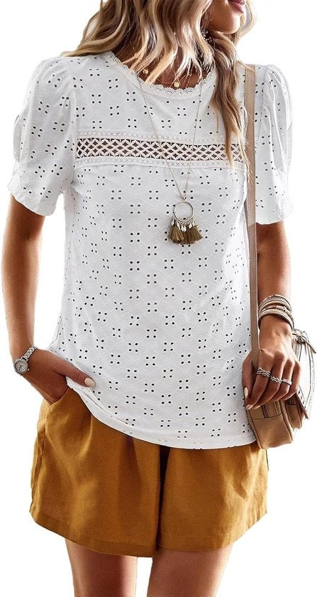 Maglia Donna con Collo Arrotondato - Stile Raffinato con Manica a Manopola - Camicia Casual con Decorazione a Pizzo - T-shirt Corta con Manica Corta - Bianca.