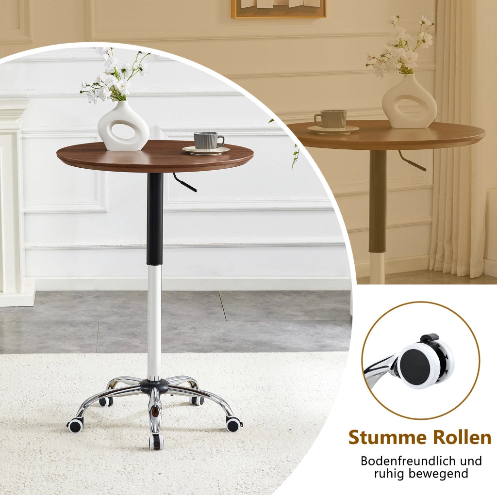 Tavolo rotondo regolabile in altezza con ruote; ? 70 cm; MDF e metallo; noce