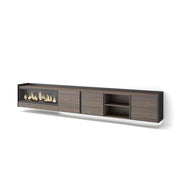 Mobile TV Soggiorno, 315x50x35 cm, Per TV fino a 80", Camino elettrico XXL, Sospeso, da appendere, LED, Rovere scuro e Nero