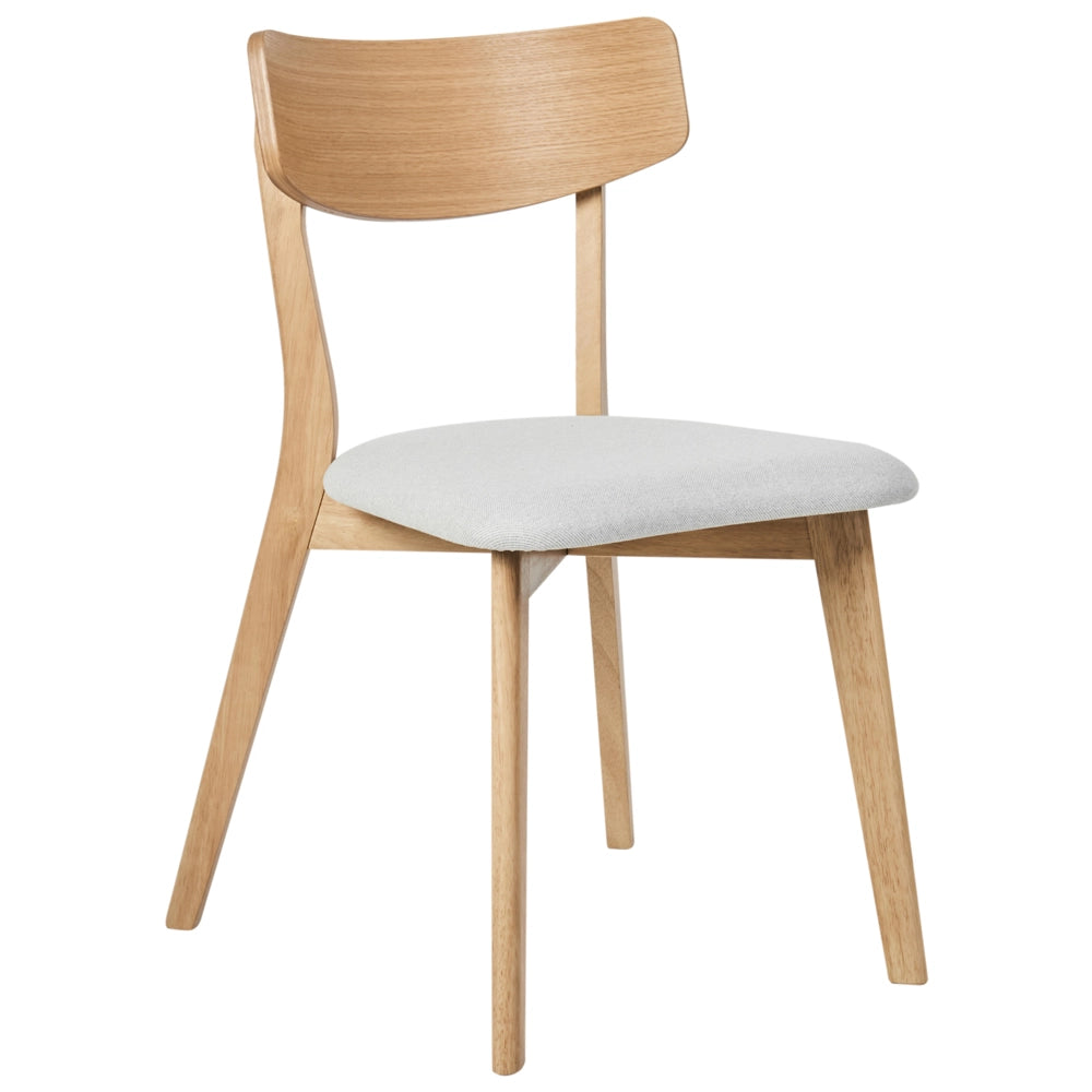 Set di 2 sedie da pranzo con seduta in tessuto grigio chiaro e struttura in legno massiccio chiaro retrò senza braccioli