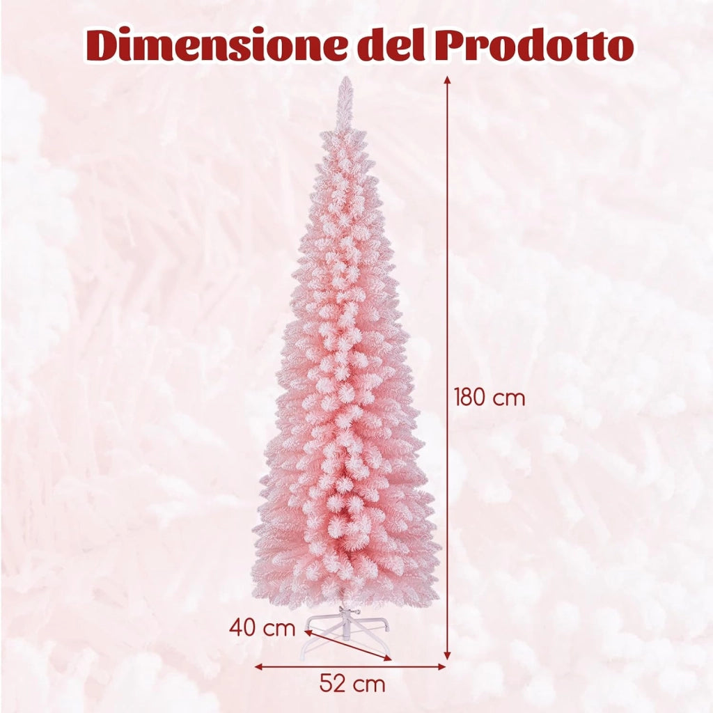 Albero di Natale Slim Rosa 150/180 cm, Albero di Natale Innevato con 328/460 Rami e Supporto Metallico Pieghevole, Albero per Decorazione per Feste in Casa e Ufficio (180 CM)