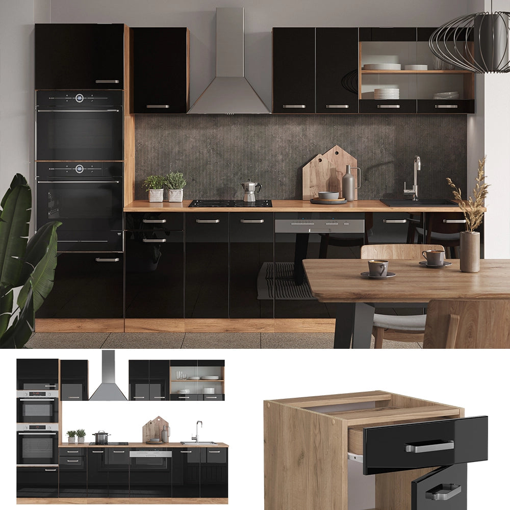Vicco Cucina componibile Rovere nero/oro lucido 300 cm con armadio alto, PL Antracite
