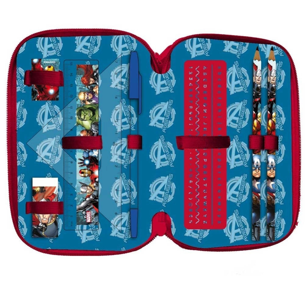 Trade Shop - Astuccio Portapastelli Scuola 3 Zip Avengers Accessoriato Con Pastelli Pennarelli -