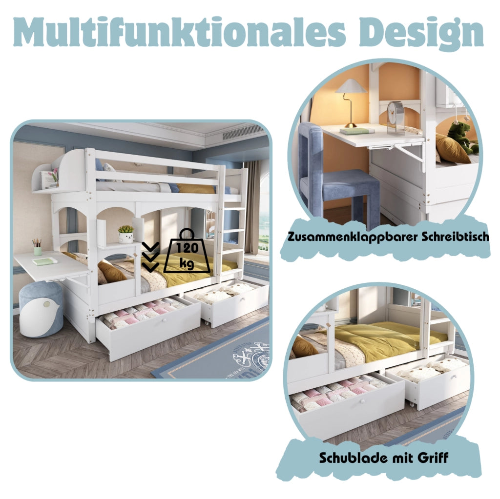 Letto a castello per bambini 90x200 cm bianco con scrivania pieghevole