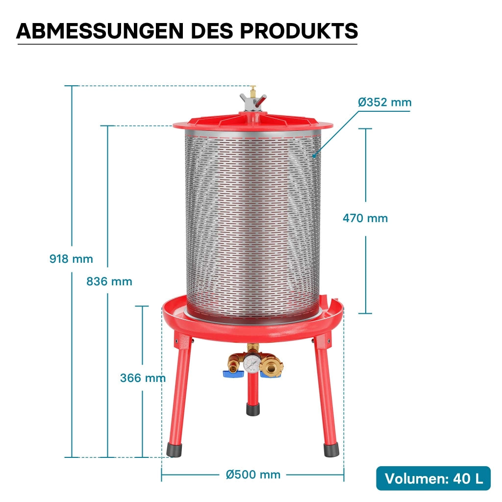 Idropressa per frutta da 40 litri in acciaio inox, 3 bar, con membrana, Pressa ad acqua