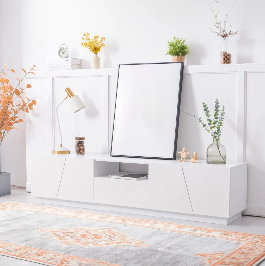 Mobile TV moderno 170x42x37 cm con 4 ante e 2 vani aperti in MDF bianco