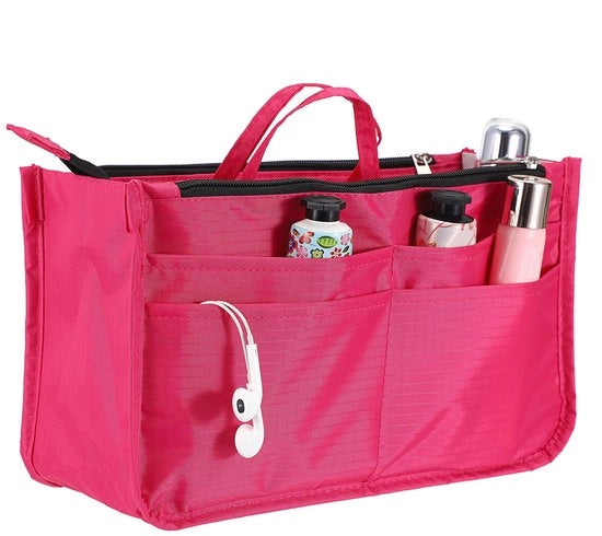 Organizzatore di tasche in tessuto con 13 contenitori, imbottitura espandibile, borsa con cerniera, organizzatore tote, supporto per lettiera con manico (rosa)