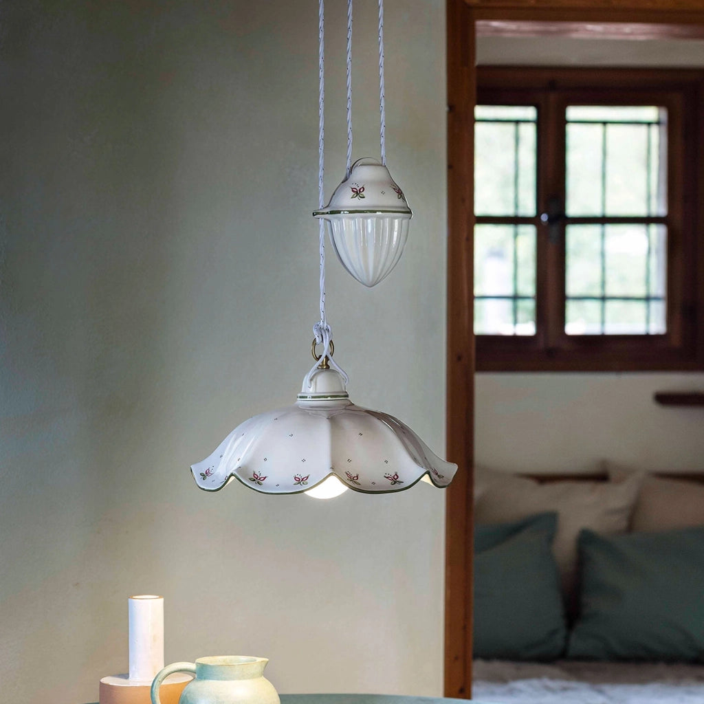 Lampadario Saliscendi Classico Belluno Ceramica E Ottone Decorato 1 Luce E27