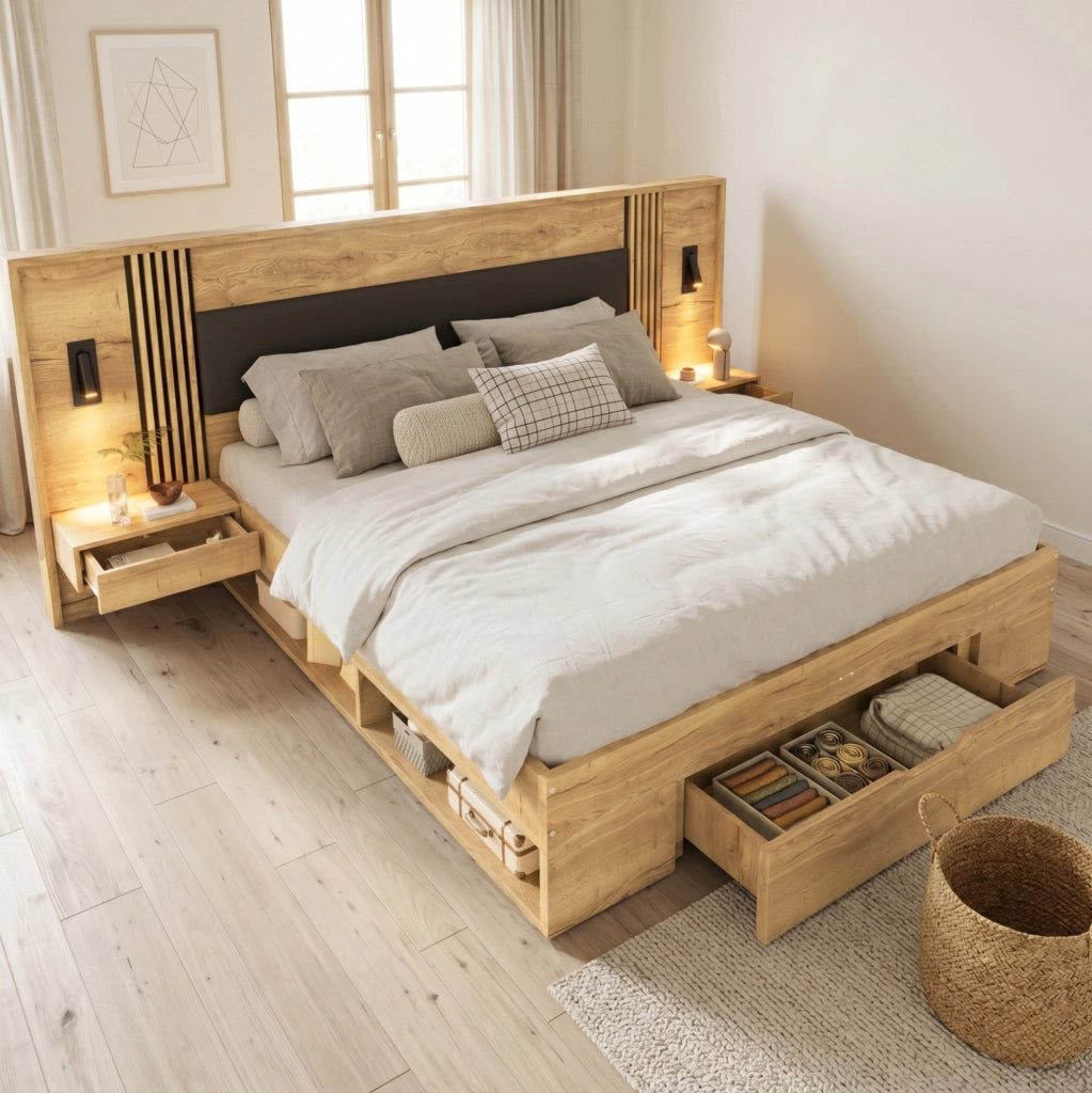 Letto 160x200 cm con cassetto, comodini e luci orientabili in MDF naturale
