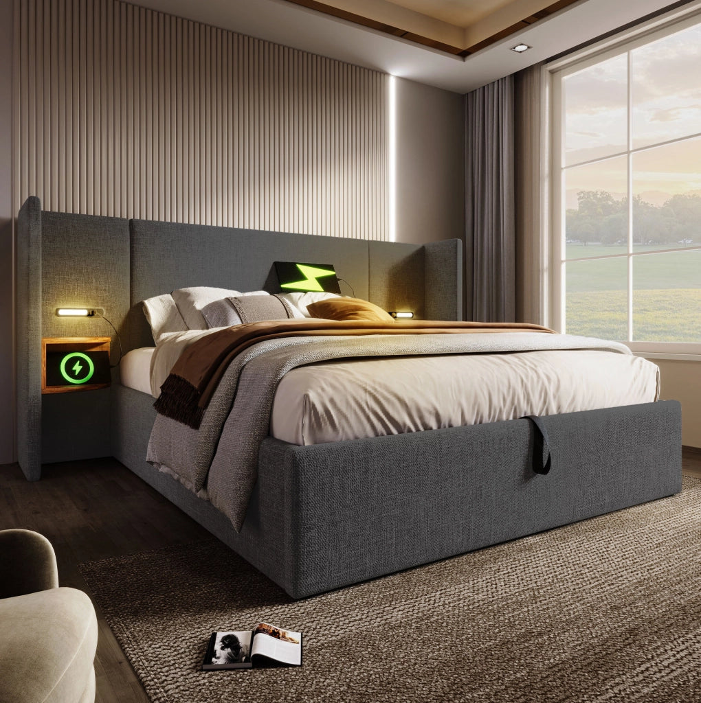 Letto matrimoniale 180x200 cm con contenitore; testiera con luce lettura USB e Type-C; grigio