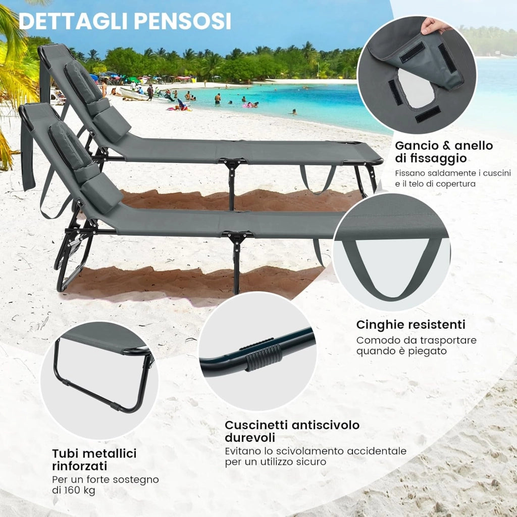 Lettino Pieghevole Spiaggia, Lettino Sdraio da Mare con Foro per il Viso e 3 Cuscini Rimovibili, Schienale Regolabile 5 Posizioni, Lettino Prendisole da Campeggio, Portata 160kg (1, Grigio)