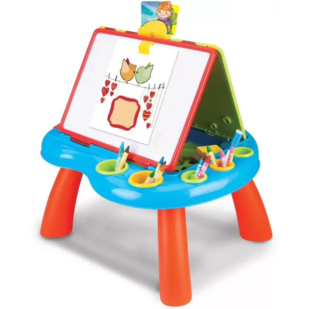 Trade Shop - Tavolo Con Doppia Lavagna Per Bambini Scomparti Porta Accessori Puzzle E Gessi -