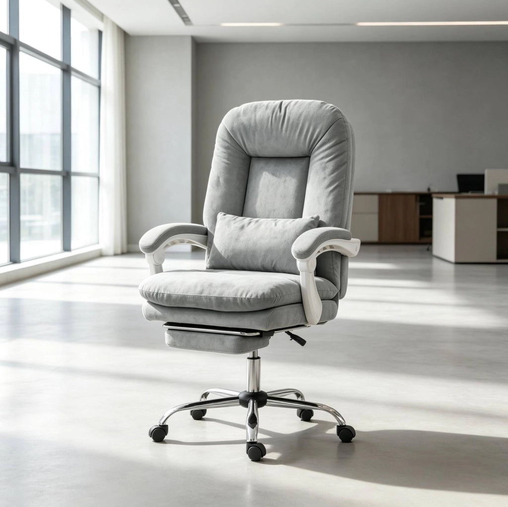 Sedia da ufficio ergonomica in velluto grigio con poggiapiedi