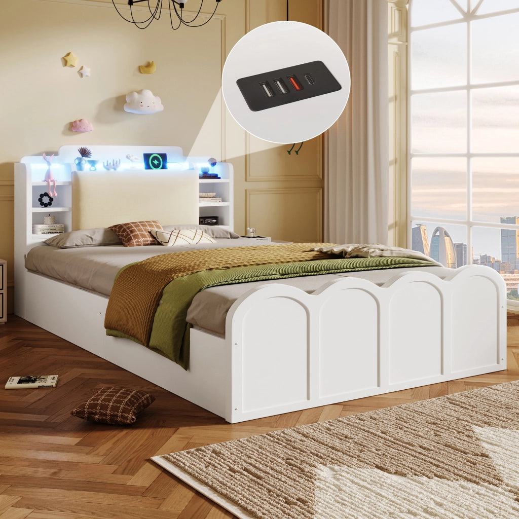 OKWISH Letto Contenitore 90×200 cm, Letto Singolo con USB e Tipo C, LED Regolabile e Contenitori, senza Materasso, Bianco