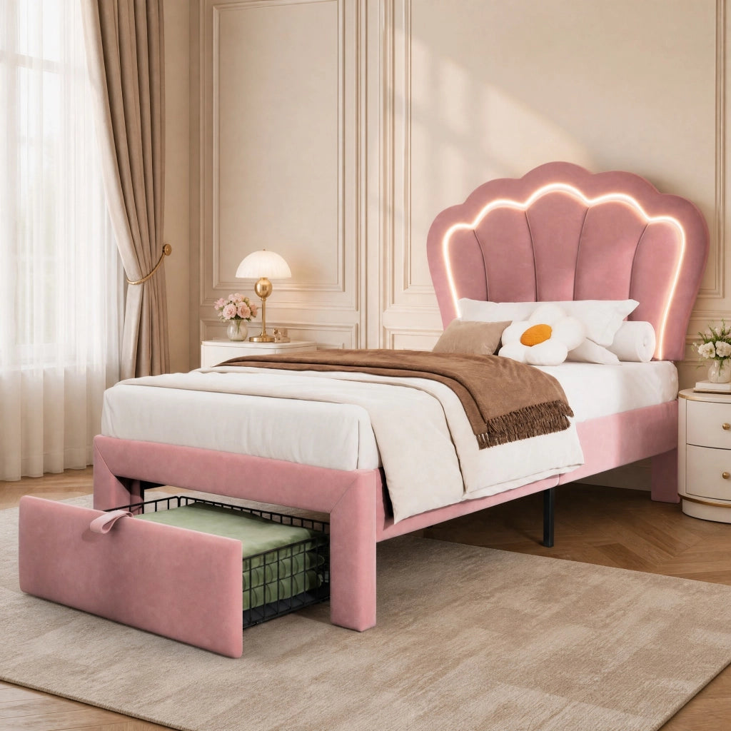 Letto singolo 90x200 cm in velluto rosa con LED RGB, cassetto e testiera regolabile