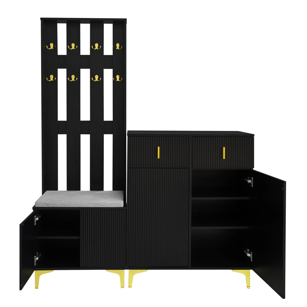 Set ingresso nero con scarpiera; appendiabiti e cuscino in truciolare; 60;5x35;2x180;5 cm