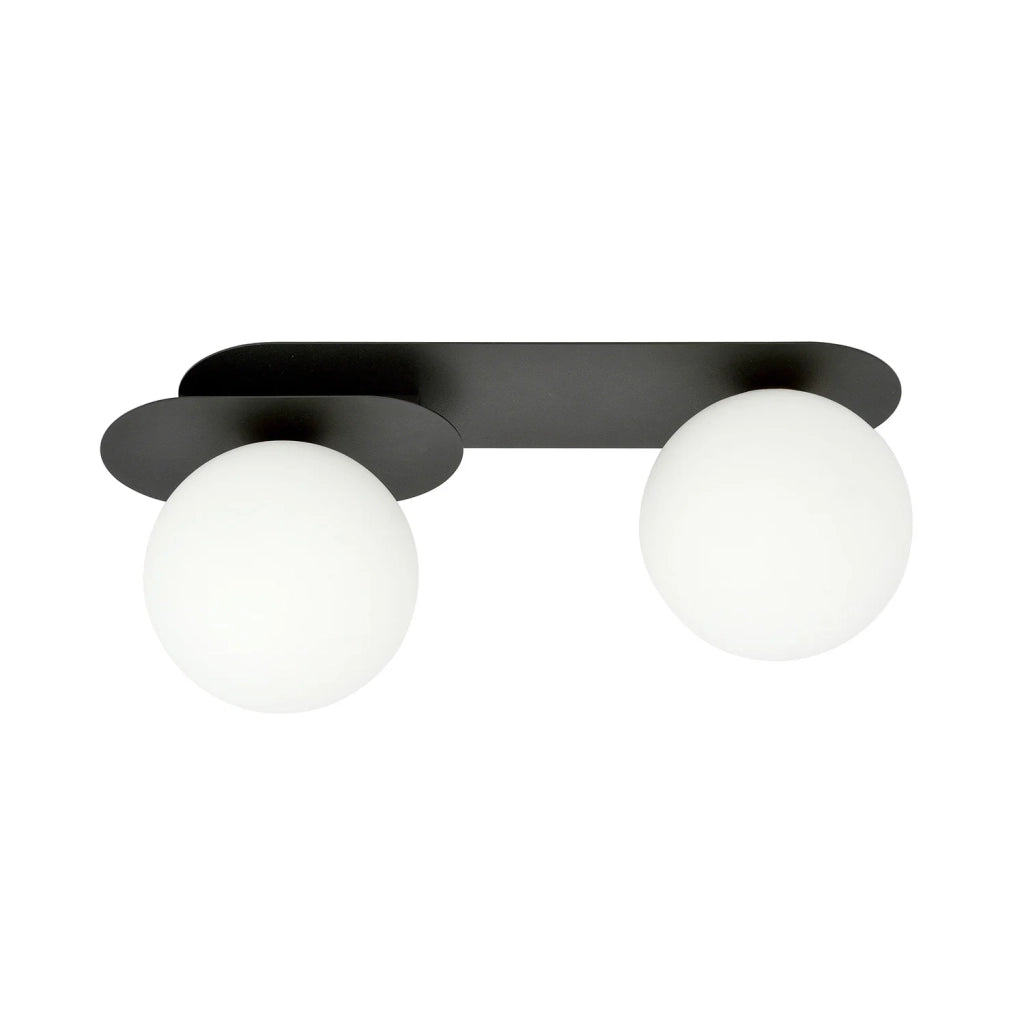 Plafoniera Minimal 2 Luci Teia In Acciaio Nero E Sfere Vetro Opale
