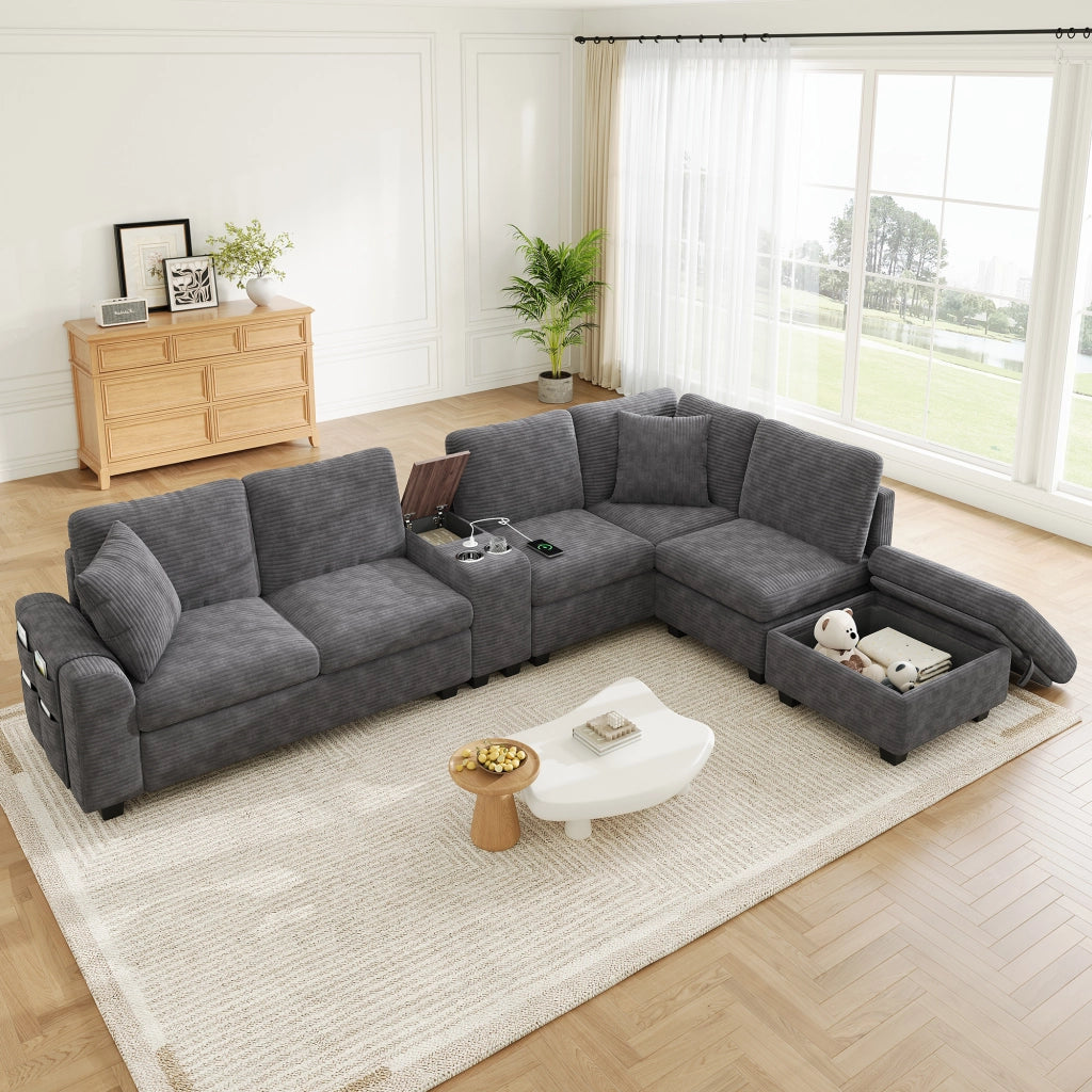 Divano angolare modulare 6 posti con ottomana contenitore console mobile e porte USB in corduroy grigio