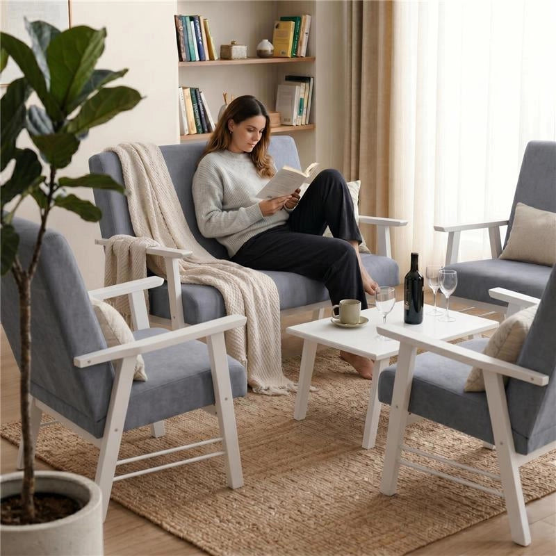 SET SALOTTO DA GIARDINO CON DIVANO, 2 POLTRONE + TAVOLINO IN LEGNO BIANCO E TESSUTO COLORE GRIGIO