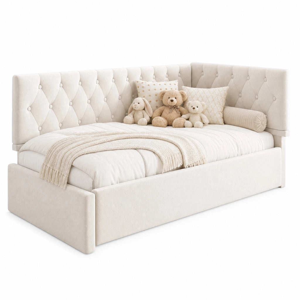 Letto singolo a L con contenitore idraulico 90x190 cm in velluto beige