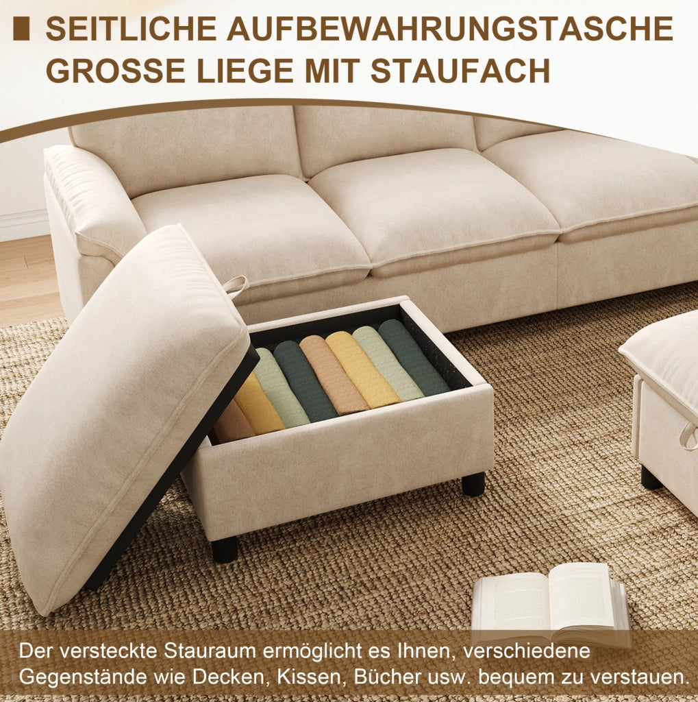 Divano con 2 pouf contenitore in chenille beige 264;5x142;5x84 cm