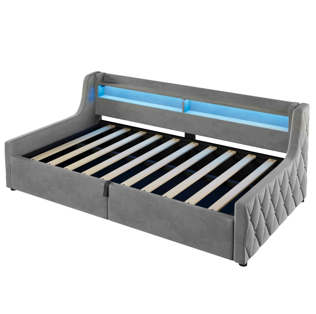 Letto singolo 90x200 in velluto grigio con LED e contenitore