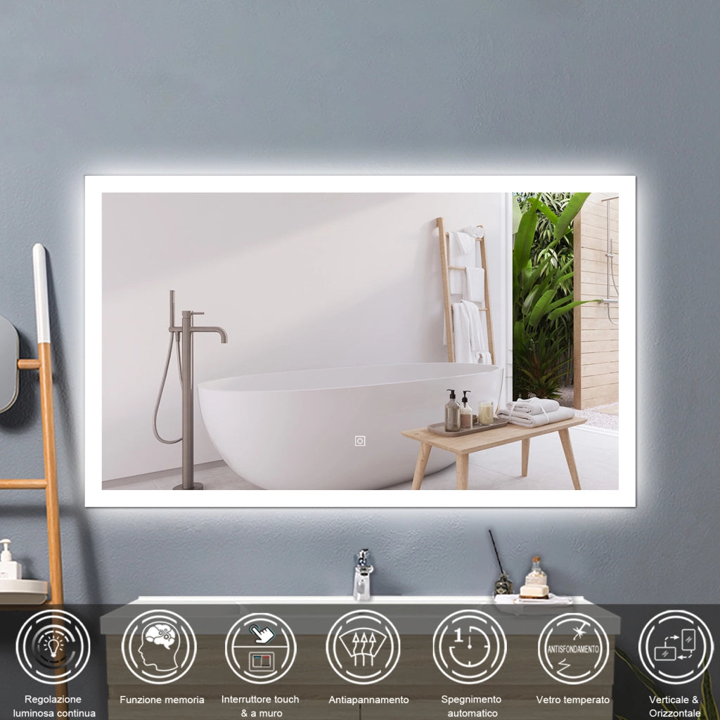 Specchio bagno Rettangolare 100x60 cm con led, Dimmerabile, Touch Control, Antiappannamento riscaldato,memoria, IP44