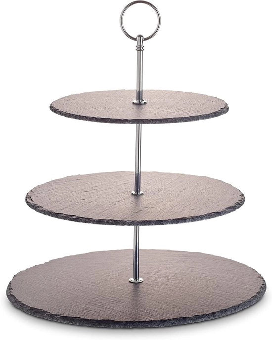 Etagère con piastre di marmo naturale a 3 livelli e maniglia in metallo - Edizione Argento - Dischetti di marmo Ø ca. 20/25/30 cm - Per biscotti, frutta, formaggi e dessert