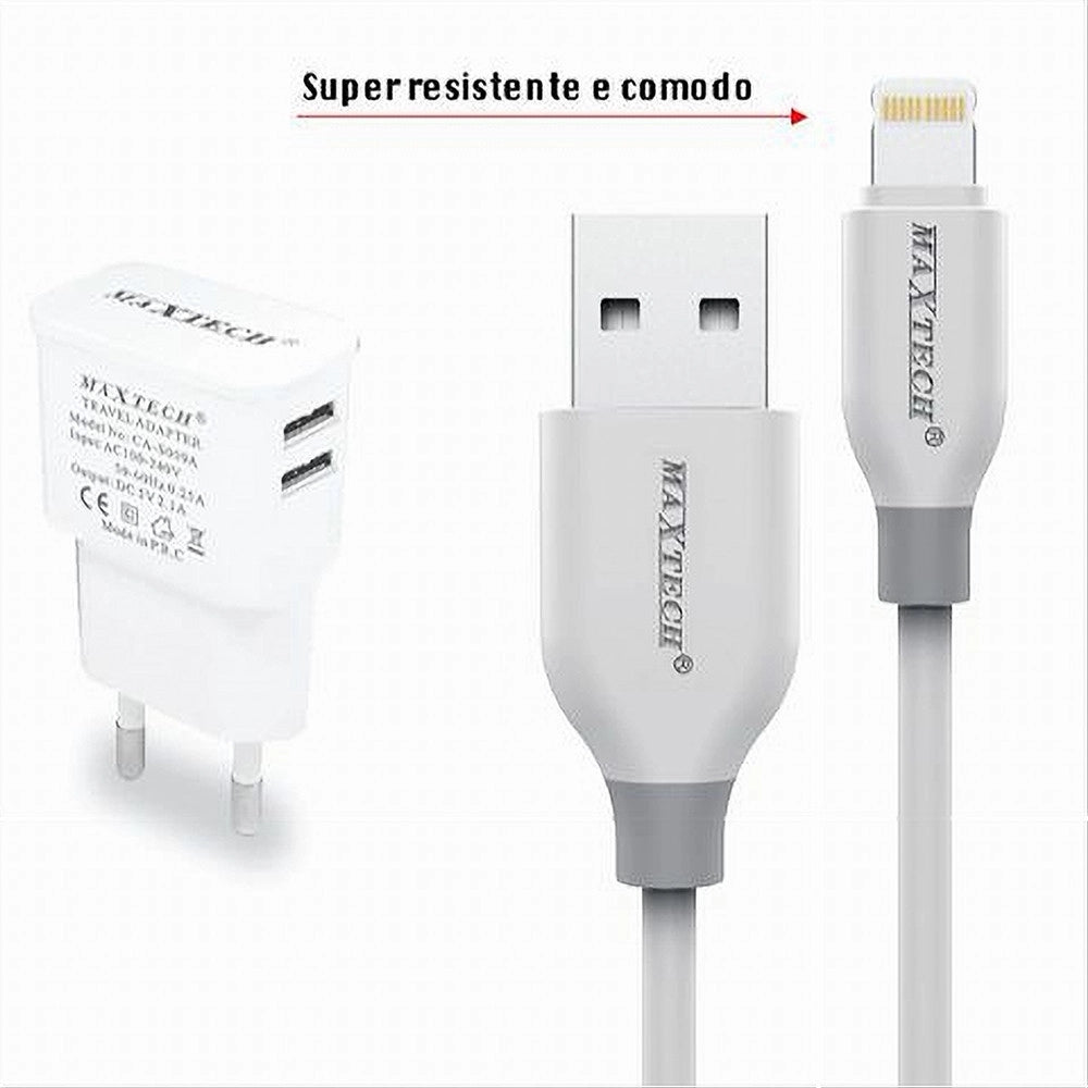 Trade Shop - Caricabatteria Caricatore 2 Porte Usb 2.1a + Cavo Lightning 1 Mt Maxtech Ca-s038 -