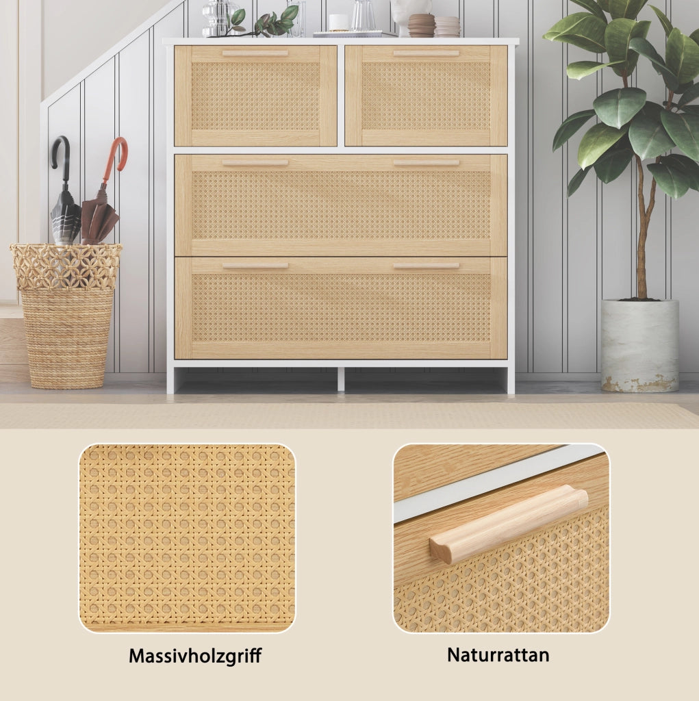 Cassettiera 80x80x38 cm con 4 cassetti in MDF e rattan; naturale e bianco