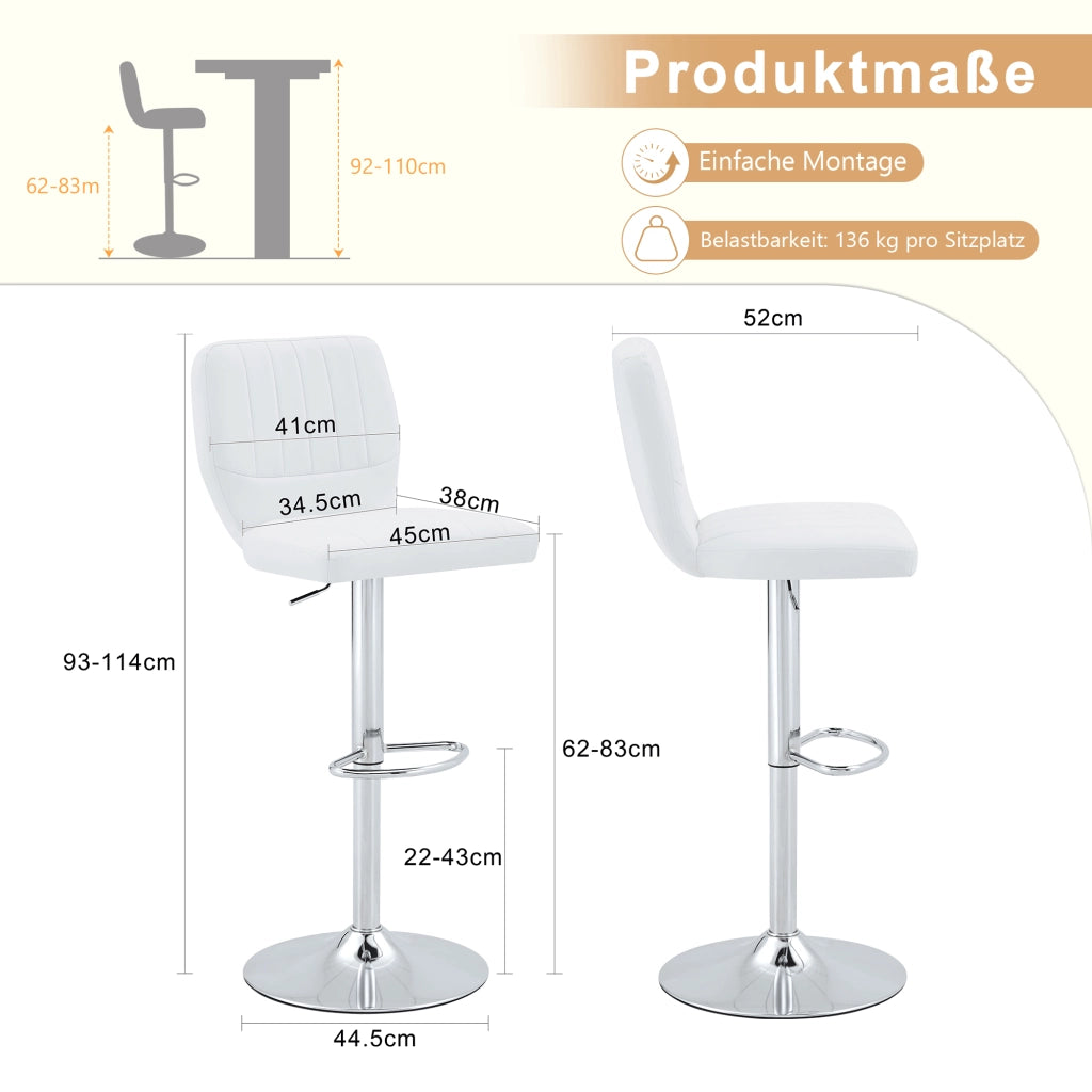 SGABELLO BAR Girevole Regolabile 62-83 cm PU Bianco Cromo