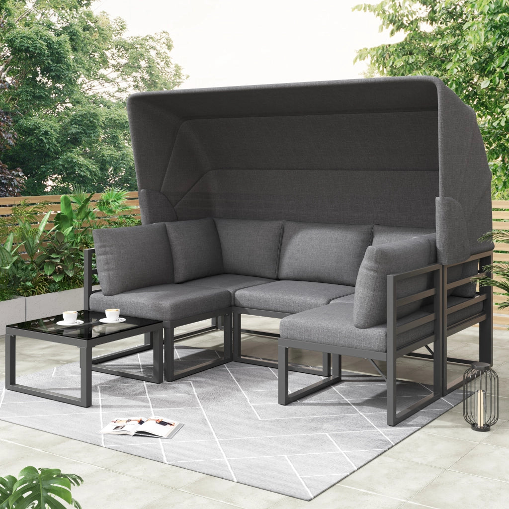 Set giardino 4 pezzi: sdraio + isola + salotto + sgabello + tavolo + tendalino; resistente; grigio; cuscini
