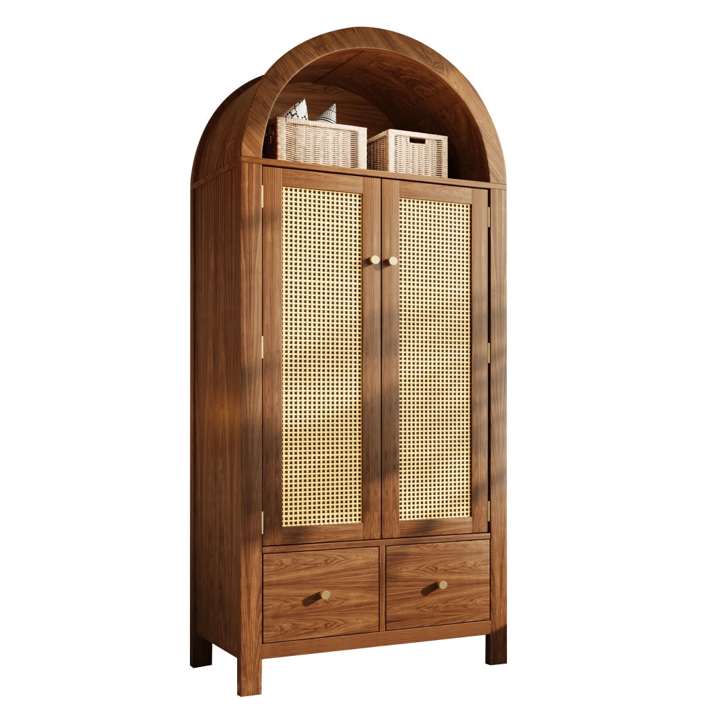 Armadio con anta ad arco, effetto noce, inserti in rattan, 2 cassetti e asta appendiabiti