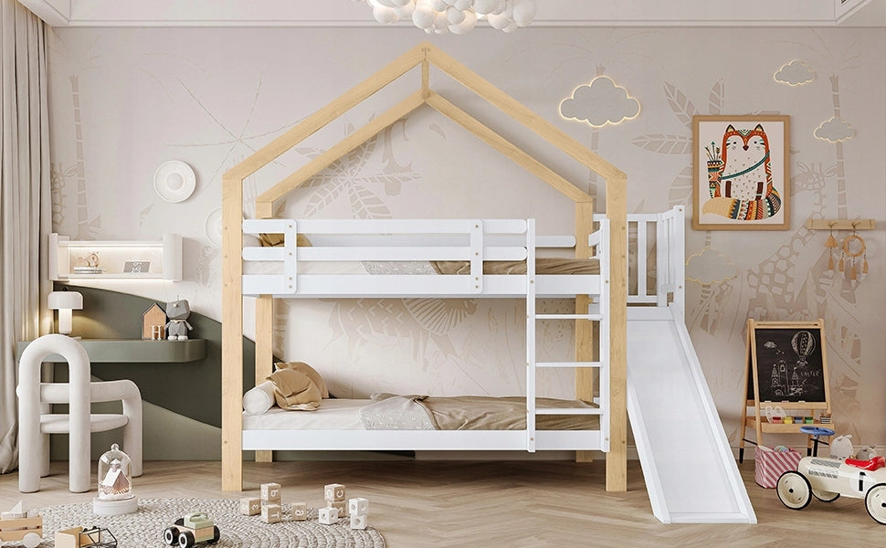 Letto a castello 90x200 - Xylo - Bianco/Naturale con scivolo e scala
