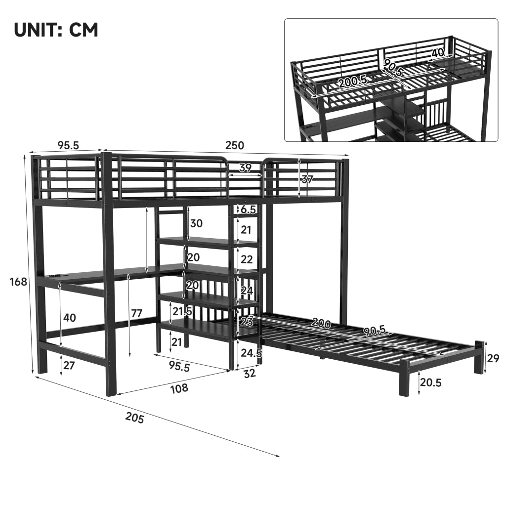 Letto a Soppalco 90 x 200 cm; Letto 2 Posti - Scrivania; USB e Type-C; MDF e Metallo; Nero