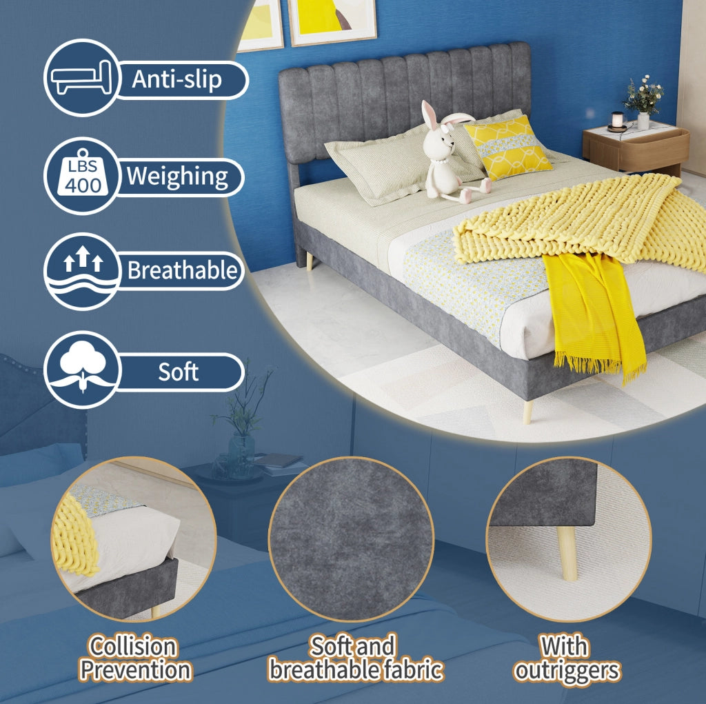 Letto imbottito 140 x 200 cm in tessuto effetto velluto olandese grigio con materasso incluso
