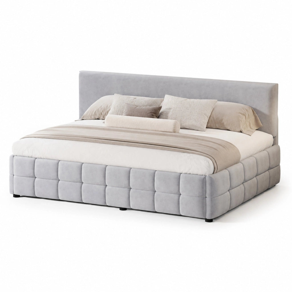 Letto imbottito 90x200 cm con contenitore idraulico, schienale senza braccioli, velluto grigio chiaro